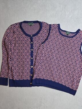 C Wonder Knit Sweater Set Cardigan and Tank Top Pink Navy Geometric Pattern Size